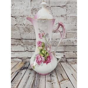 Antique Nippon Hand Painted 3-Cup Chocolate Pot Pink Roses Japan Porcelain